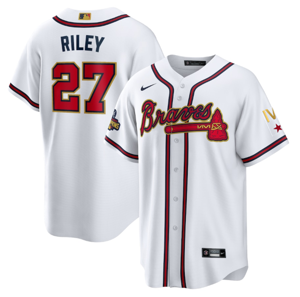Men's Atlanta Braves #27 Austin Riley 2022 White/Gold World Series Champions Program Cool Base Stitched Baseball Jersey Men's Atlanta Braves #27 Austin Riley 2022 White/Gold World Series Champions Program Cool Base Stitched Baseball Jersey
